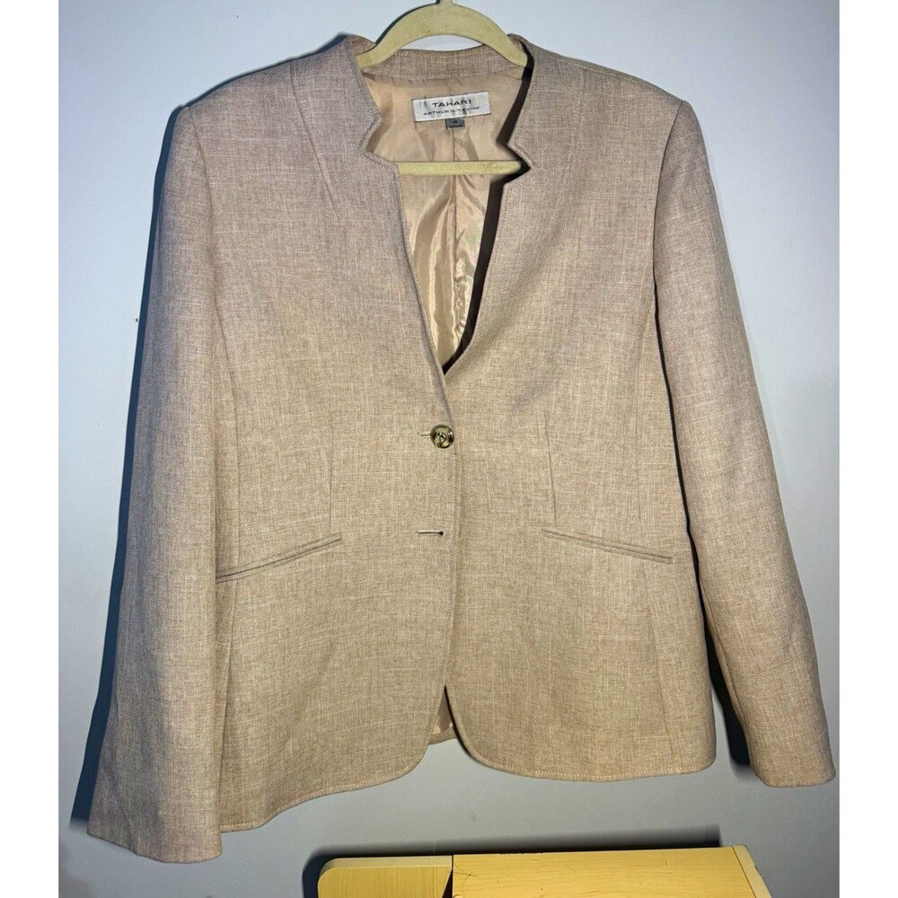 Tahari Arthur S Levine Womens Blazer Size 14 Beige Boho Business Jacket